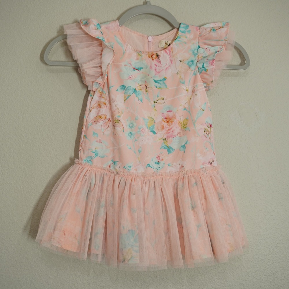 Doe A Dear 2T Toddler Girl Dress Floral Tulle Flutter Sleeve Pink Adorable Cute